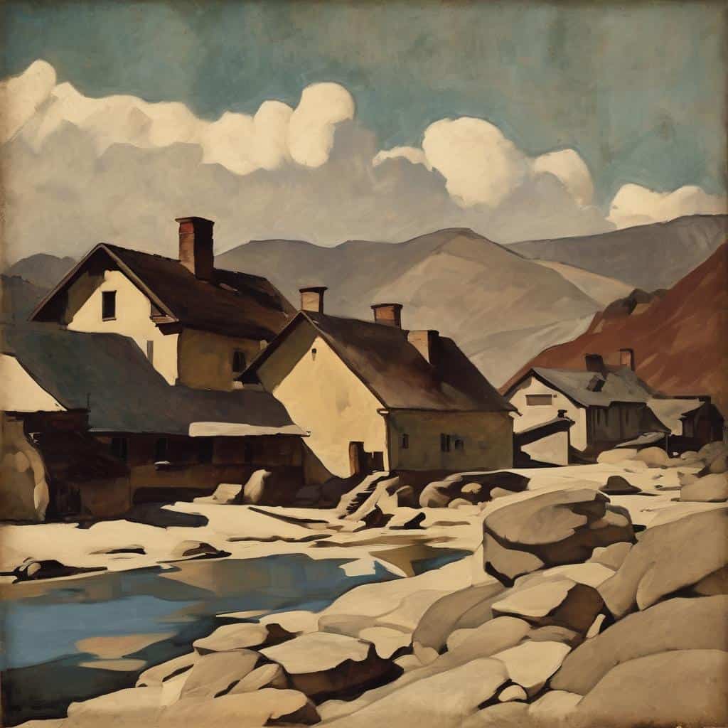 Ρυθμική ελαιογραφία με παραδοσιακά σπίτια σε ορεινή περιοχή, αποτυπώνοντας την εξέλιξη της τέχνης από δημιουργούς, με έμφαση στη φύση και την πολιτιστική κληρονομιά.