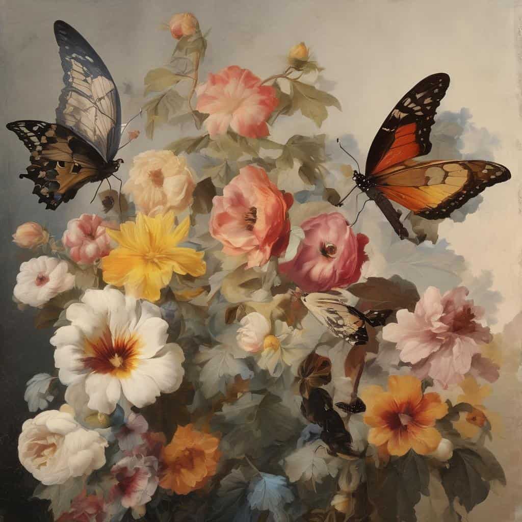 Πεταλούδες και φρέσκες ανθοσυνθέσεις σε πίνακα, απόδειξη της πορείας της τέχνης μέσα από δημιουργούς, αποδίδοντας την ομορφιά και την ευαισθησία της τέχνης και της φύσης.
