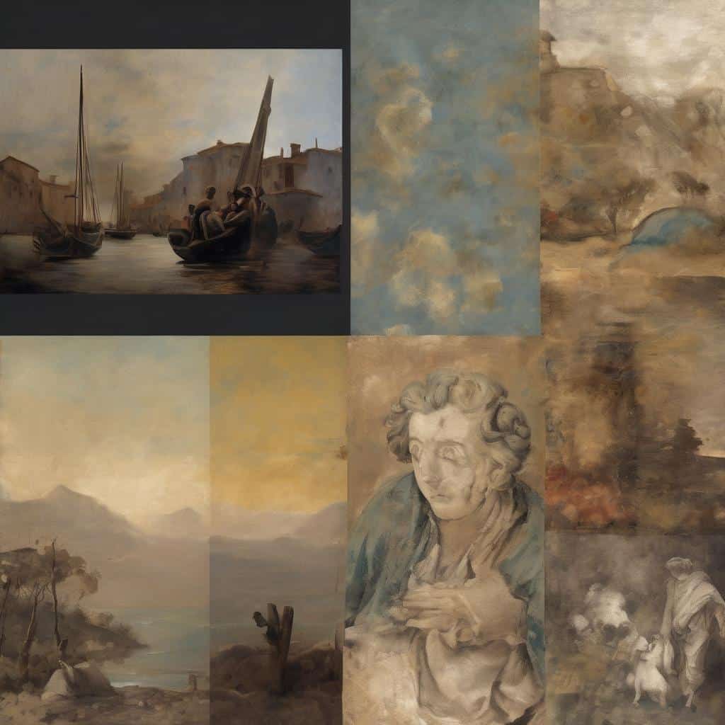 Άνθρωποι σε λιμάνι με παραδοσιακά σκάφη και όμορφα ηλιοβασιλέματα, αναδείκνυοντας την εξέλιξη της τέχνης και δημιουργικούς καλλιτέχνες.