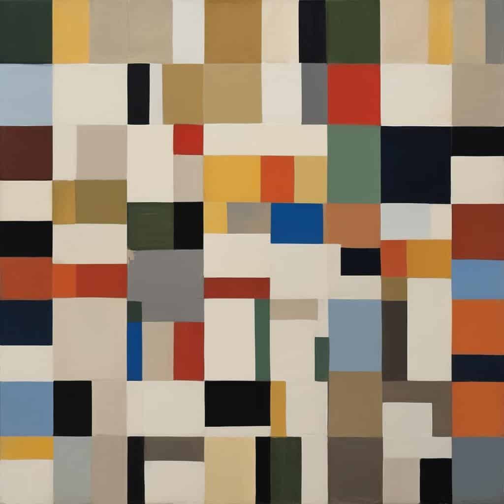 Λευκός πίνακας αφηρημένης τέχνης με πολύχρωμες ορθογώνιες και τετράγωνες μορφές σε διαφορετικά χρώματα και μεγέθη.