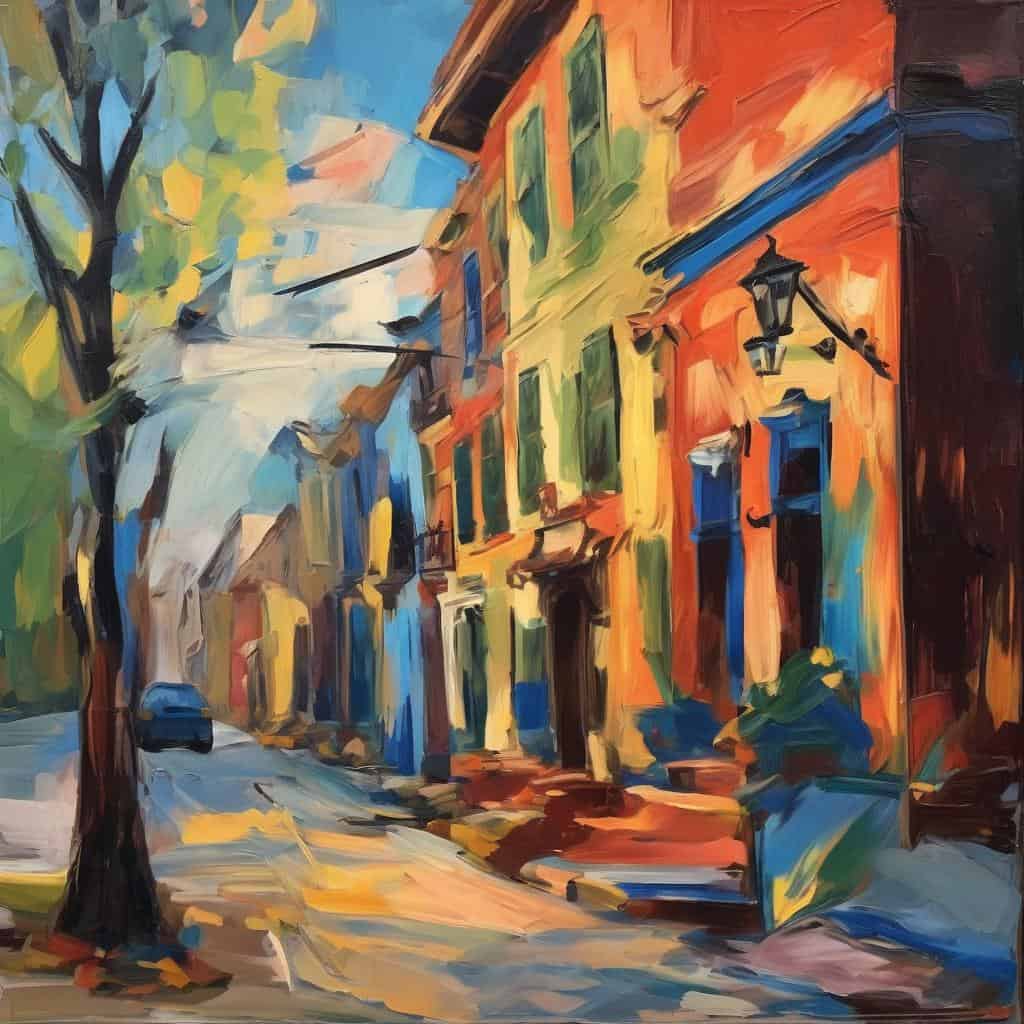 Ζωγραφική της πορείας της τέχνης μέσα από δημιουργούς, vibrant cityscape.