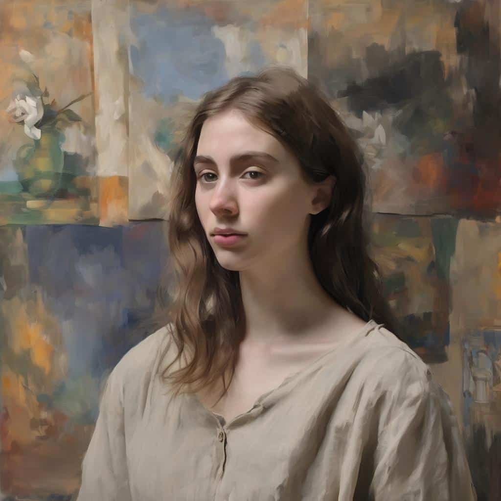 Φωτογραφία νεαρής γυναίκας σε εσωτερικό χώρο με διάφορα έργα τέχνης σε πίνακες ζωγραφικής.