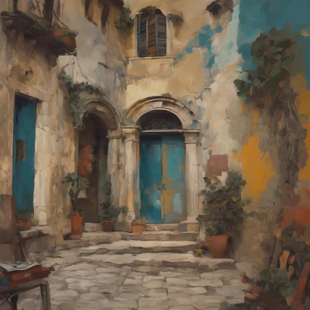 Παλιό κτίριο με κηλίδες και ανθόκηπο, ελαιογραφία, καλλιτεχνική παρουσίαση της πορείας της τέχνης μέσω δημιουργών, πόλη, αναπαλαίωση και αθηναϊκός χαρακτήρας.